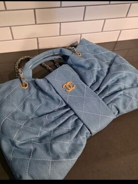 Light Blue Denim Quilted Shoulder Bag with Gold-Tone Chain